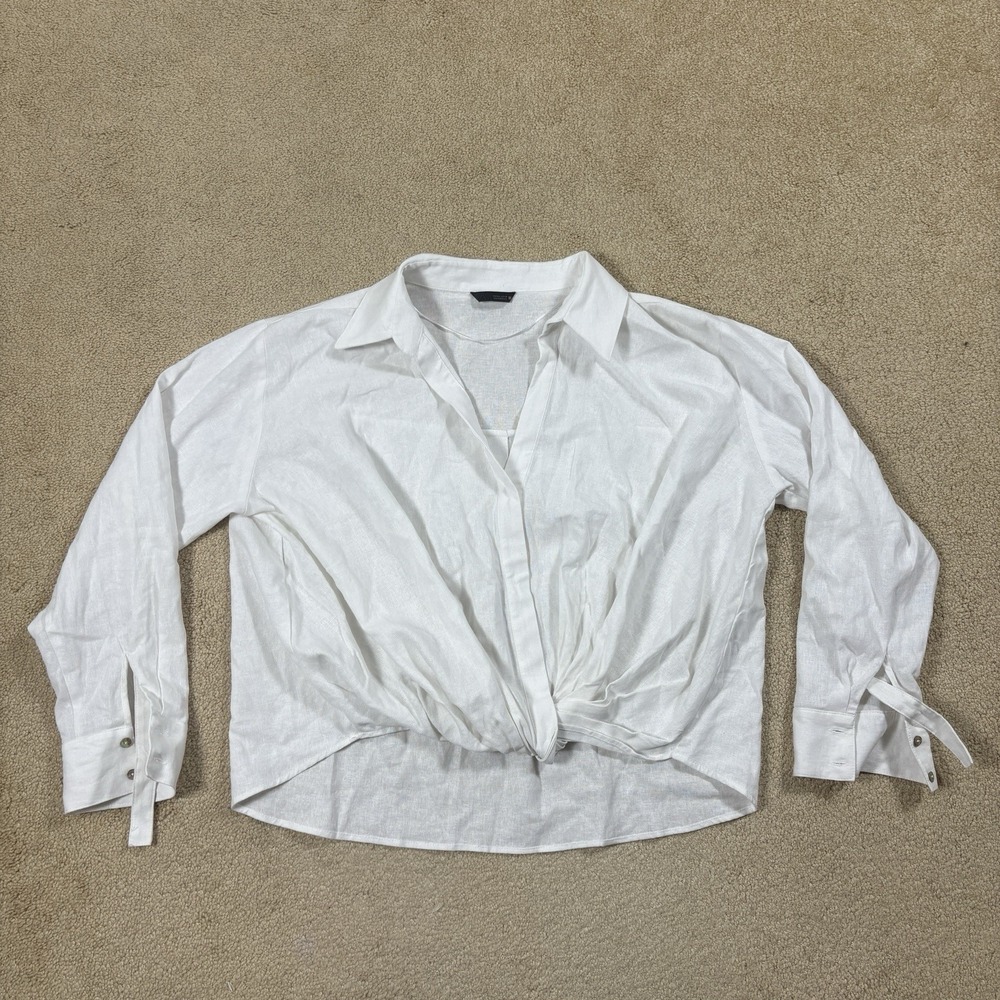 Zara Linen Blend Knotted Front Button Down Shirt Large White Roll Tab Sleeve
